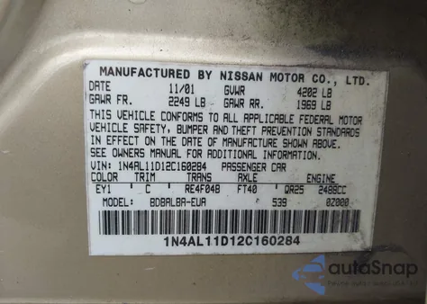 2002 Nissan Altima 2.5 S z USA, uszkodzony, nr VIN 1N4AL11D12C160284